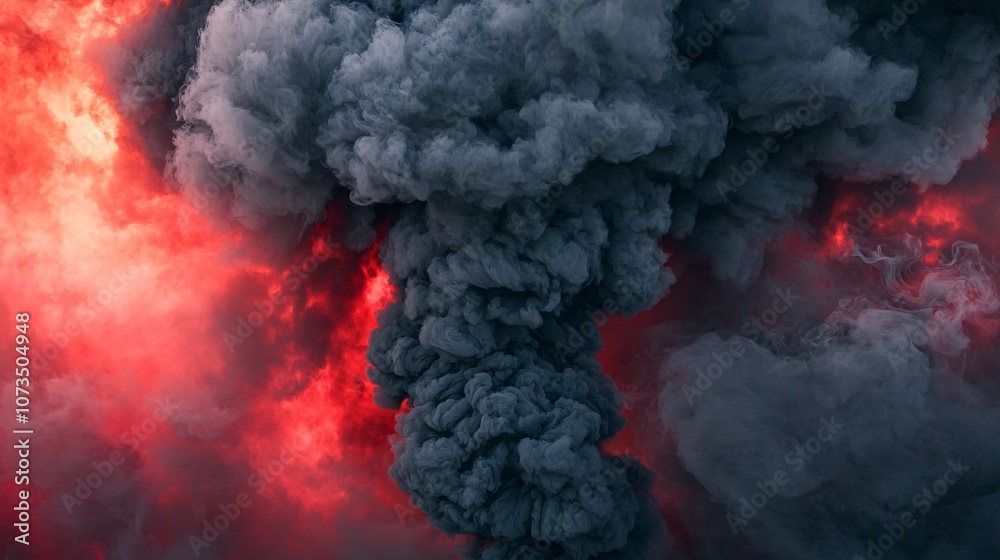 Dramatic image of a volcanic eruption with dark smoke and glowing red flames in the sky, capturing the raw power of nature in an awe-inspiring moment. Dramatic image of a volcanic eruption with dark smoke and glowing red flames in the sky, capturing the raw power of nature in an awe-inspiring moment.