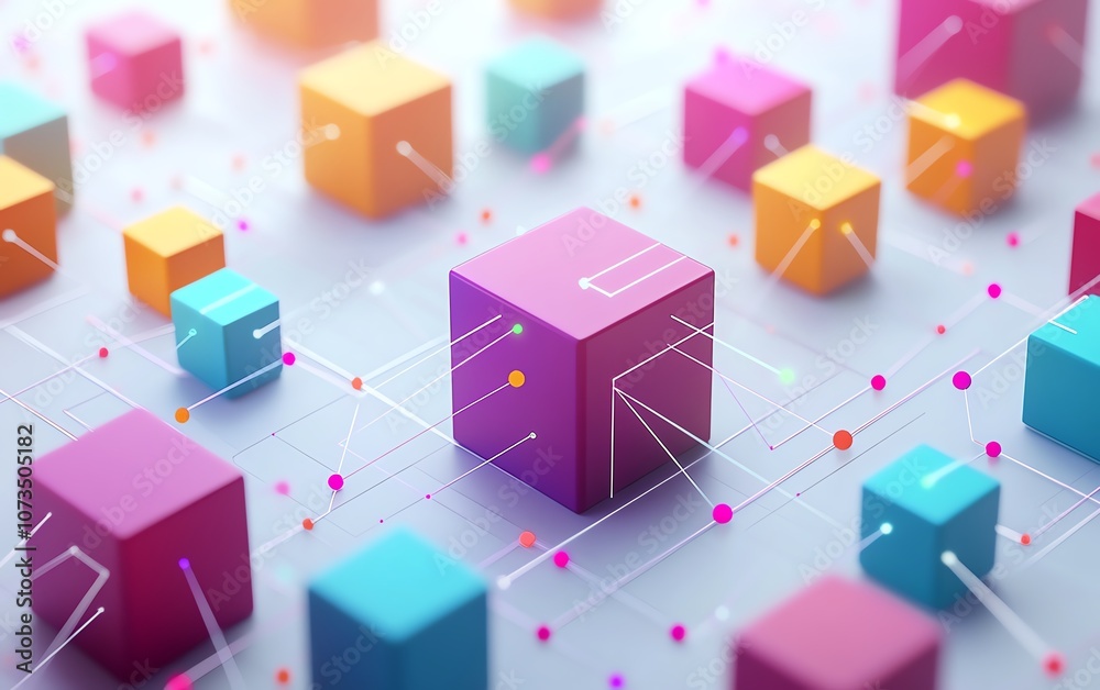 Minimalist isometric network with vibrant blocks and dots connected by thin lines, set against a white background, abstract digital connectivity concept, Generative AI Minimalist isometric network with vibrant blocks and dots connected by thin lines, set against a white background, abstract digital connectivity concept, Generative AI