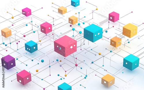 Minimalist isometric network with vibrant blocks and dots connected by thin lines, set against a white background, abstract digital connectivity concept, Generative AI