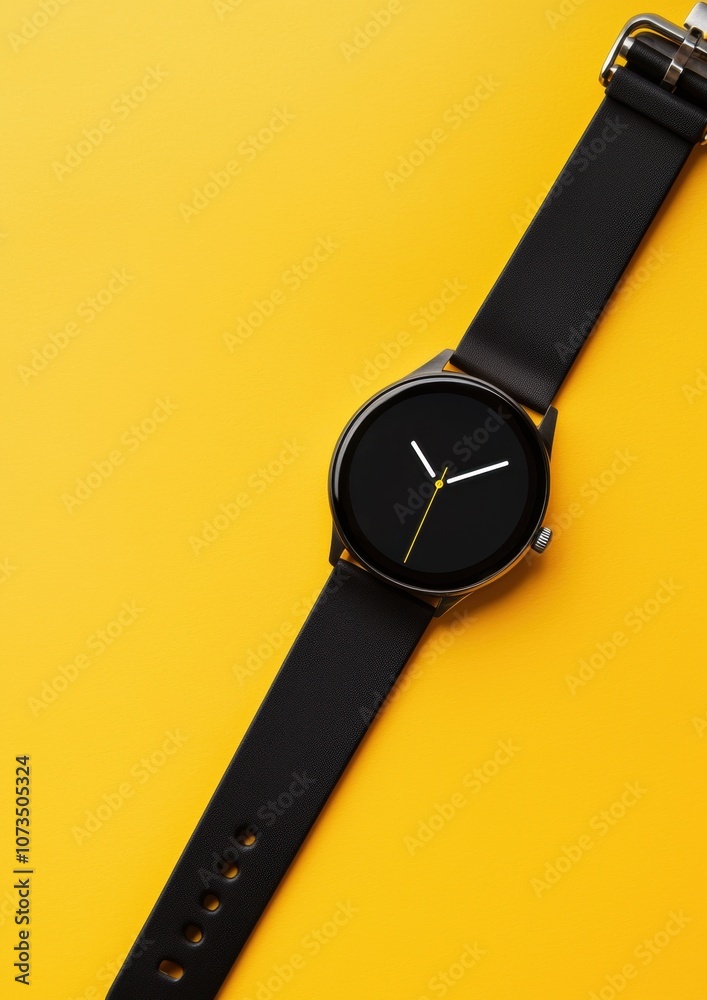 A watch with a black band and a yellow face sits on a yellow background A watch with a black band and a yellow face sits on a yellow background