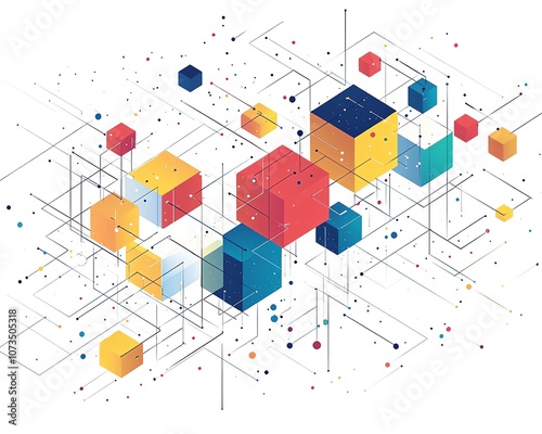 Minimalist line art of an isometric network with colorful blocks and dots on a white background, clean and modern design, representing digital connections, Generative AI