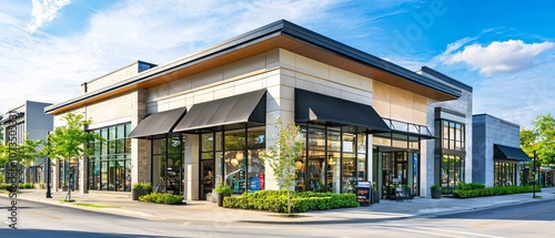 A modern retail building showcasing stylish design and large windows, surrounded by greenery, under a clear blue sky. Ideal for commercial real estate imagery.