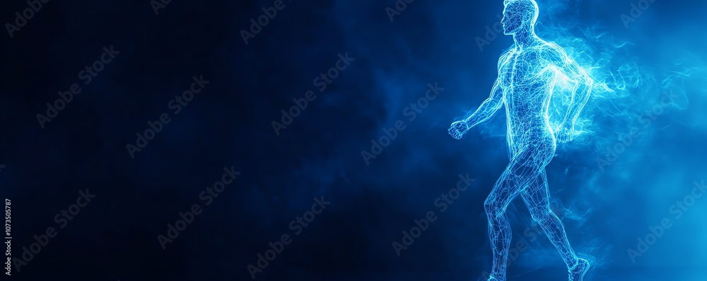 Wireframe of a runner in blue neon light, set against a dark blue background, symbolizing a cuttingedge concept for fitness training and digital health care, Generative AI Wireframe of a runner in blue neon light, set against a dark blue background, symbolizing a cuttingedge concept for fitness training and digital health care, Generative AI