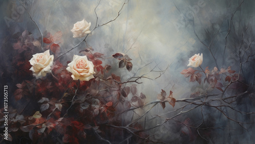 Realistic oil painting fantasy dark automn foliage, roses, budroses, white cream grunge background