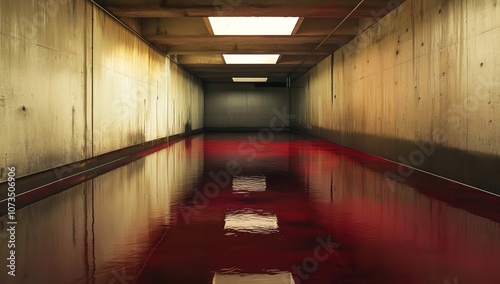 A Long Concrete Room with a Pool of Red Liquid on the Floor

 photo