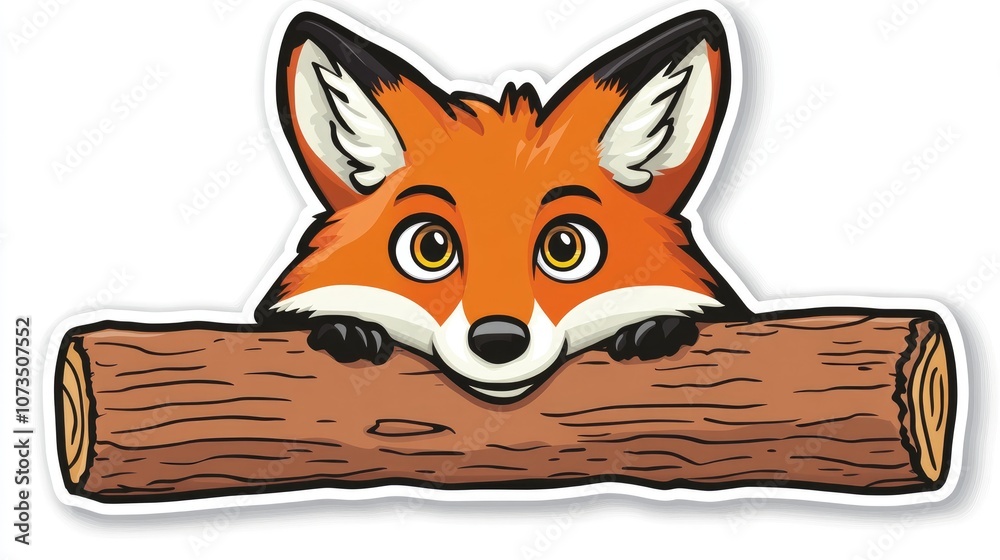 Obraz premium Cartoon Fox with Bright Eyes Peeking from Log