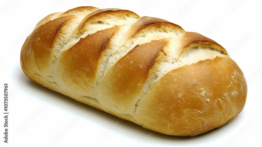 A freshly baked loaf of white bread with a golden brown crust and sliced top. A freshly baked loaf of white bread with a golden brown crust and sliced top.