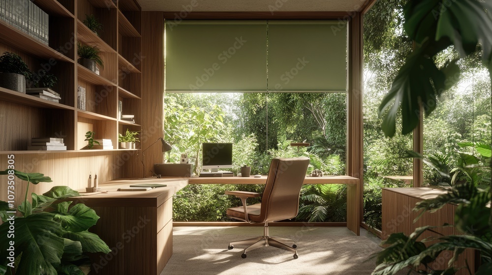 Fototapeta premium Modern home office with a view of lush greenery, featuring wooden furniture, a comfortable chair, and ample natural light for an inspiring work environment