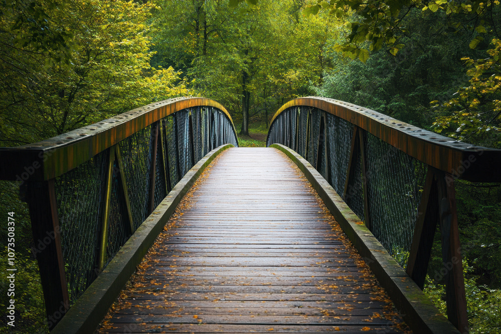 Elegant wooden bridge stretches into the lush green forest, surrounded by vibrant foliage and dappled sunlight, creating a serene and inviting atmosphere. Elegant wooden bridge stretches into the lush green forest, surrounded by vibrant foliage and dappled sunlight, creating a serene and inviting atmosphere.