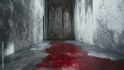 A Long Concrete Room with a Pool of Red Liquid on the Floor

 photo