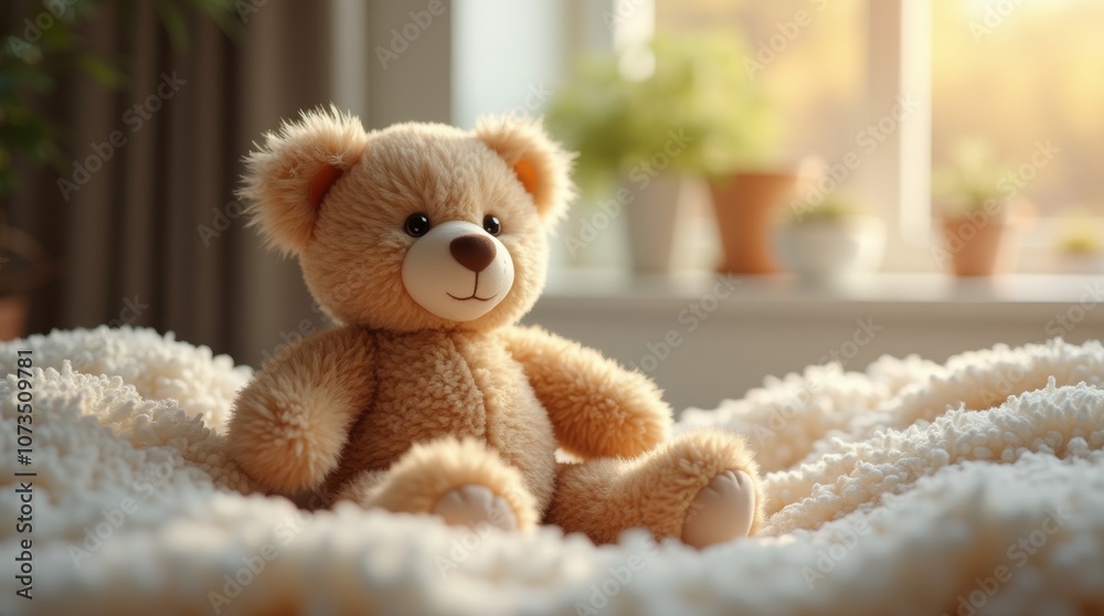 Tiny teddy bear sitting on a soft, plush blanket, with natural light illuminating its fur Tiny teddy bear sitting on a soft, plush blanket, with natural light illuminating its fur