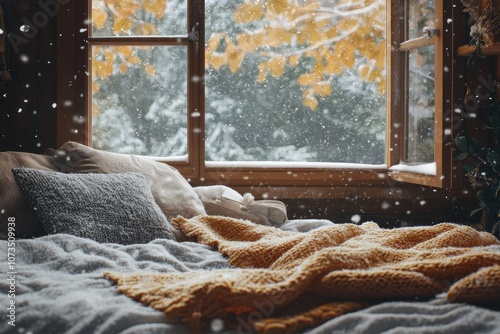 Cozy Bed with Snow Falling ...