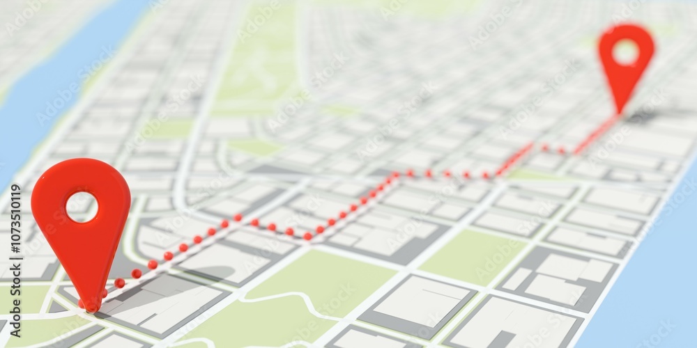 Two red location markers and route on abstract flat city map background, travel, navigation, route finding or gps location concept, selective focus Two red location markers and route on abstract flat city map background, travel, navigation, route finding or gps location concept, selective focus