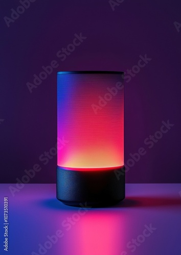 A colorful lamp with a black base sits on a table