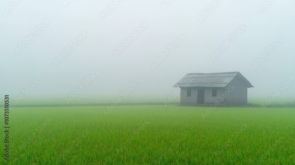Tranquil Misty Landscape with Isolated Wooden House Surrounded by Lush Green Rice Fields Under Soft Foggy Skies in a Serene Rural Setting Tranquil Misty Landscape with Isolated Wooden House Surrounded by Lush Green Rice Fields Under Soft Foggy Skies in a Serene Rural Setting