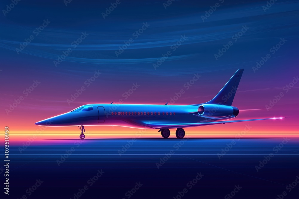 Obraz premium A sleek jet gracefully glides through a vibrant twilight sky, showcasing luxury and modern design in mid-flight.