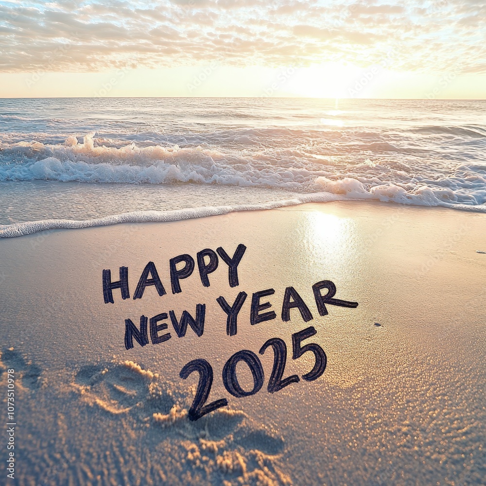 Fototapeta premium New Year Message at Sunrise by the Ocean