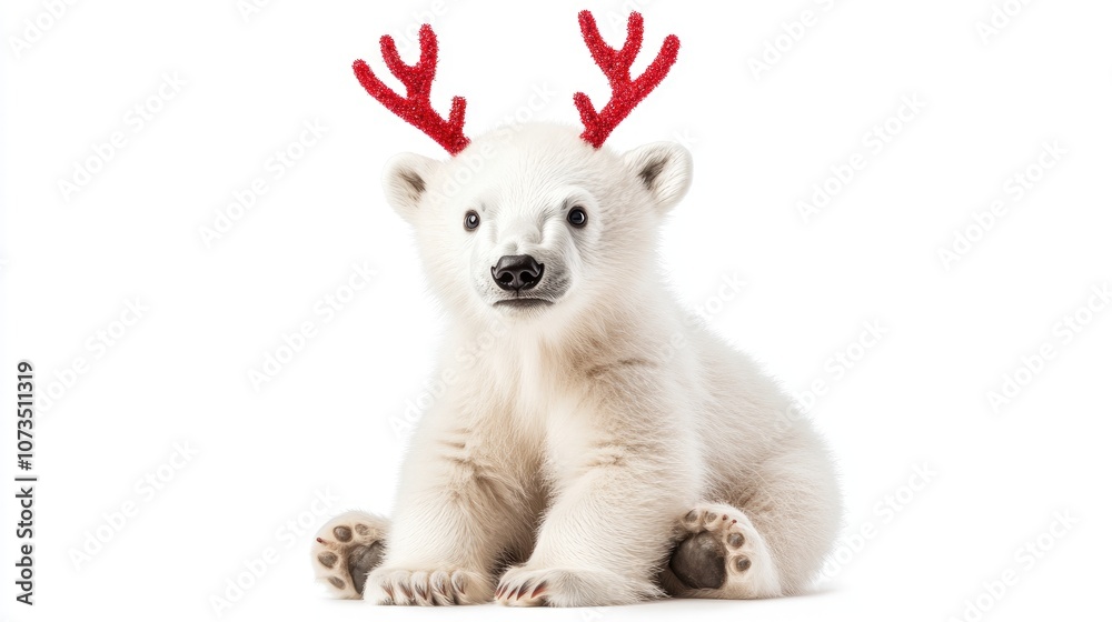 Festive Polar Bear Cub with Red Antlers Festive Polar Bear Cub with Red Antlers