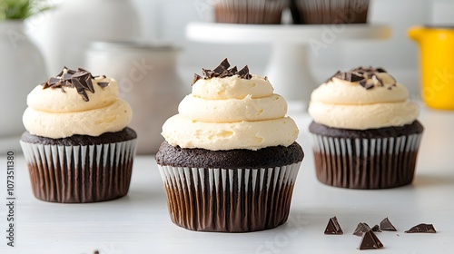 Mouthwatering chocolate cupcake with rich creamy buttercream frosting and a generous topping of shaved dark chocolate photo