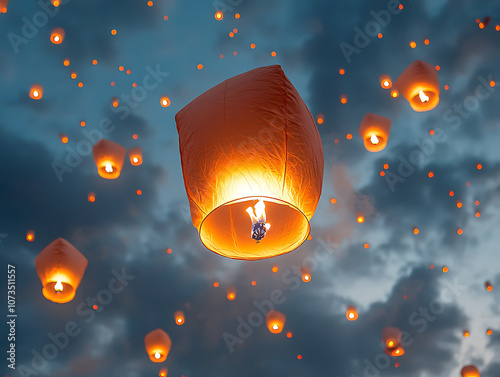 Yi Peng featival. Full of paper lanterns floating with lighting of candels over the sky photo