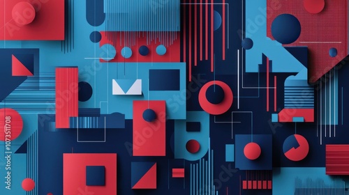 Cyber Monday graphic featuring abstract geometric shapes and tech symbols in shades of blue and red