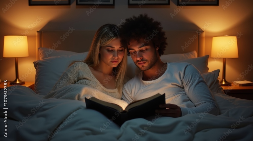 Couple in bed reading a book together, soft warm lighting from bedside lamps, cozy blankets and pillows, calm and intimate evening atmosphere, modern bedroom Couple in bed reading a book together, soft warm lighting from bedside lamps, cozy blankets and pillows, calm and intimate evening atmosphere, modern bedroom