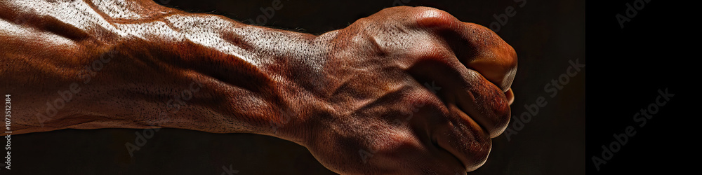 A powerful hand gripping a weight, with defined muscles on display. A powerful hand gripping a weight, with defined muscles on display.