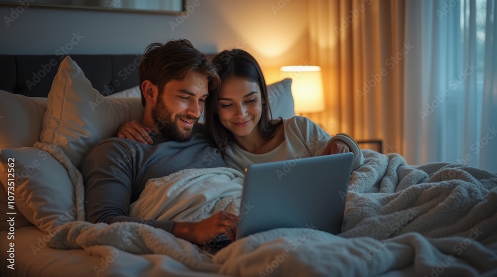 Couple relaxing in bed with a laptop, , cozy blankets and pillows, casual and comfortable atmosphere, modern bedroom, both focused on the screen