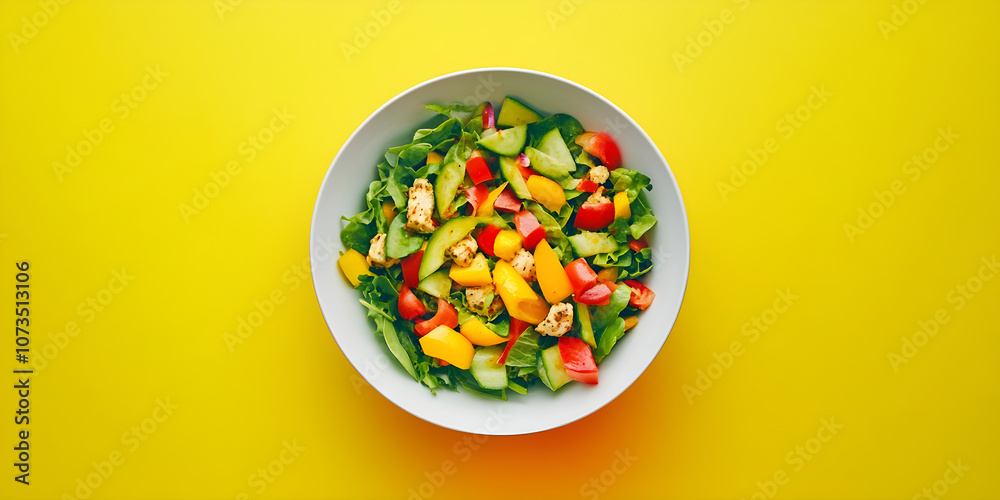 Fresh salad with a variety of colorful vegetables in a bowl against a bright yellow background Fresh salad with a variety of colorful vegetables in a bowl against a bright yellow background