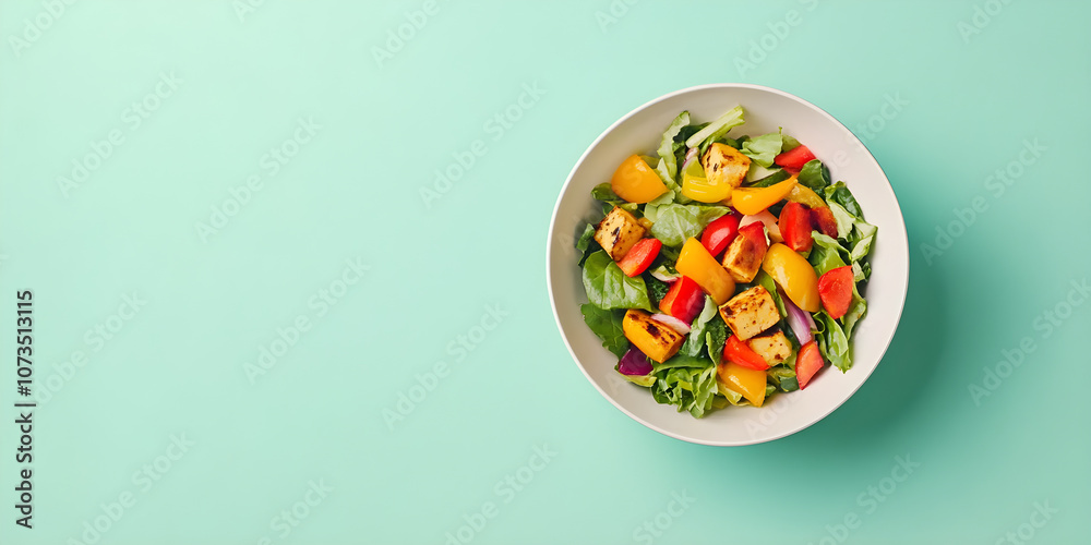Fresh salad with a variety of colorful vegetables arranged beautifully in a white bowl on a pastel green background Fresh salad with a variety of colorful vegetables arranged beautifully in a white bowl on a pastel green background