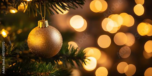 Golden bokeh background enhances the warmth of the soft glowing light reflecting on a sparkling Christmas ornament hanging from a tree branch