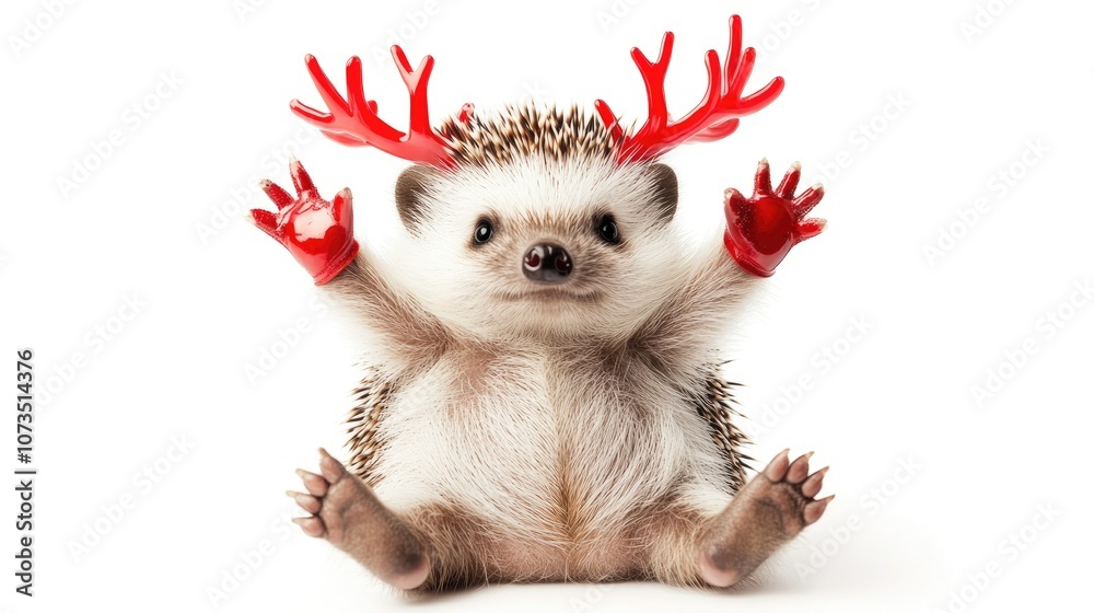 Fototapeta premium Joyful Hedgehog with Red Antlers and Hands