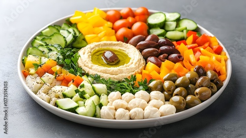 Vibrant and Appetizing Mediterranean Style Mezze Platter Featuring Creamy Hummus Briny Olives and an Assortment of Fresh Colorful Vegetables