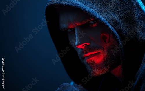 A man in a black hoodie with a red shield and padlock icon on a dark blue background, symbolizing cyber security and digital protection, Generative AI photo