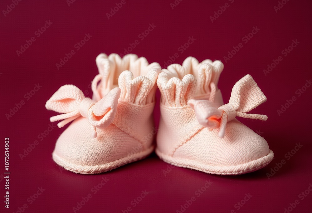 Pink Baby Booties with Bow on Red Background Newborn Footwear Infant Shoes Pink Baby Booties with Bow on Red Background Newborn Footwear Infant Shoes