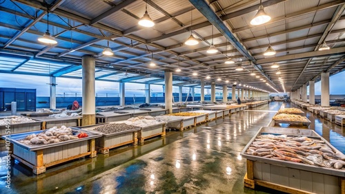 Busy Fish Market with Fresh Seafood Displayed