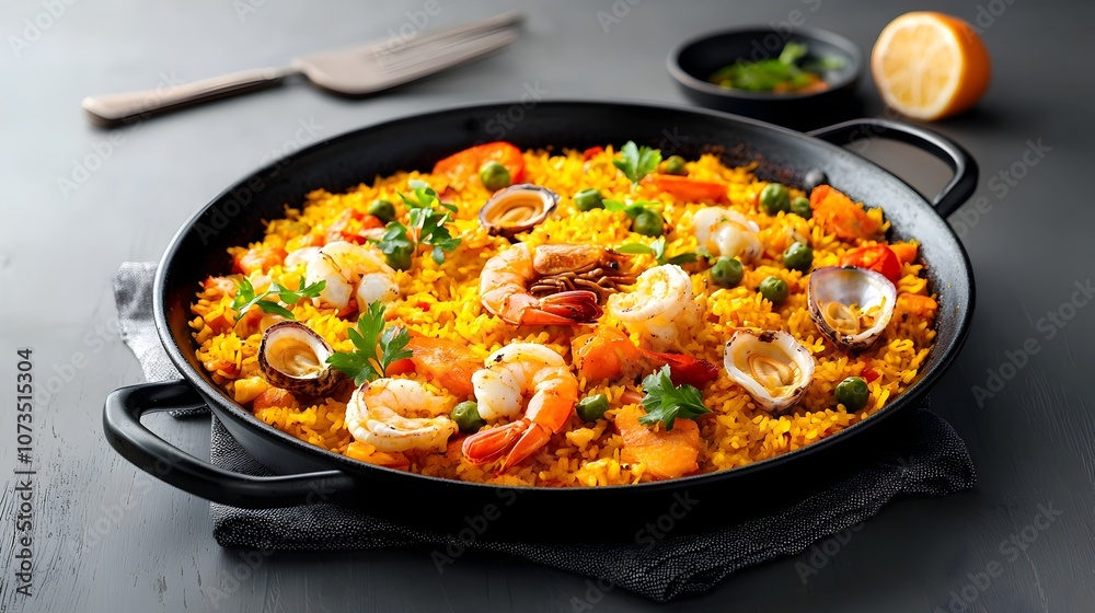 A captivating image showcasing the vibrant and traditional Spanish paella featuring a mouthwatering combination of fresh seafood and saffron infused rice A captivating image showcasing the vibrant and traditional Spanish paella featuring a mouthwatering combination of fresh seafood and saffron infused rice