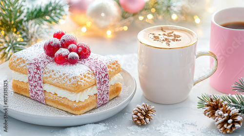 cozy winter brunch with pastries and coffee, featuring festive setting with pinecones and holiday decorations. scene evokes warmth and holiday cheer photo