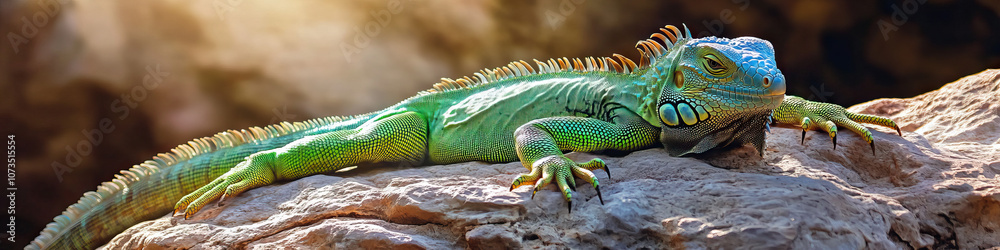 Fototapeta premium Reptile Relaxation: A green iguana basks in sunlight, sprawled across a warm rock.