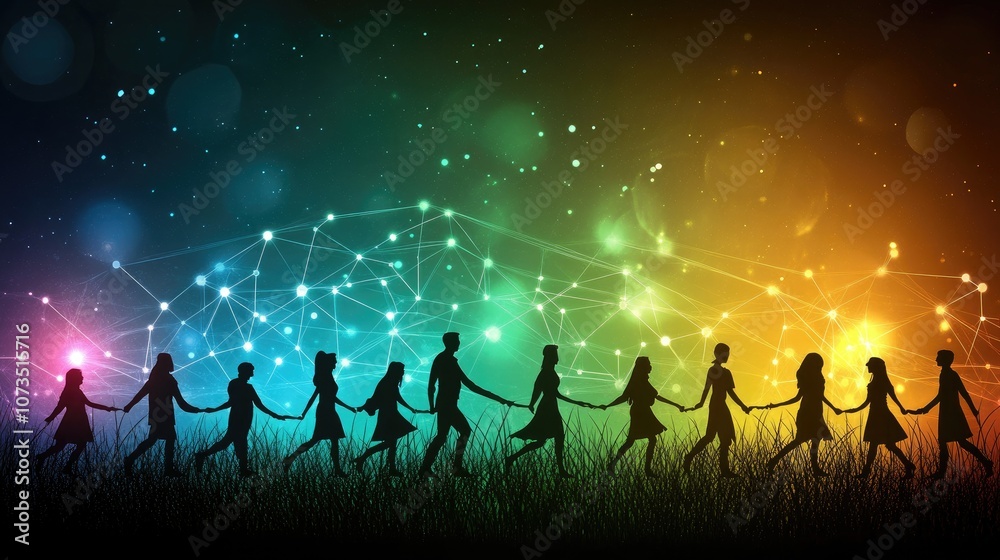 Team Silhouettes Connected by Glowing Network Team Silhouettes Connected by Glowing Network