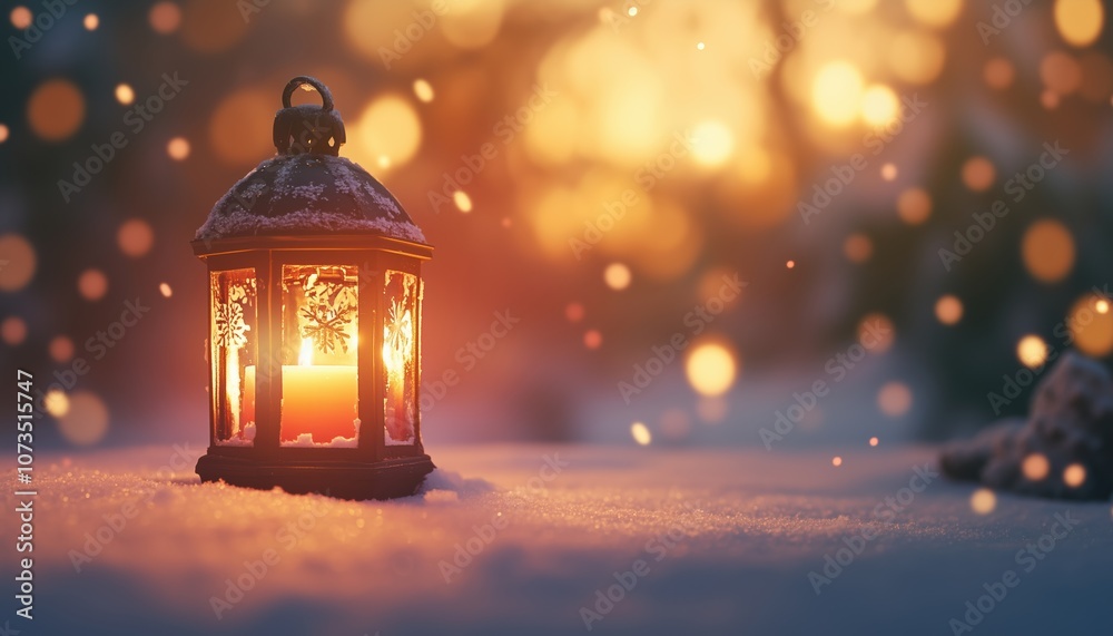 Festive Christmas Lantern On Snow-Covered Table With Decorative Elements - Glowing Candle Light And Blurry Winter Scene. Festive Christmas Lantern On Snow-Covered Table With Decorative Elements - Glowing Candle Light And Blurry Winter Scene.