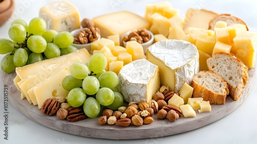 Beautifully Arranged French Cheese Platter Featuring an Assortment of Cheeses Grapes Nuts and Freshly Baked Artisanal Bread in an Elegant Gourmet Presentation