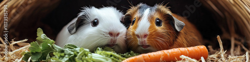 Two adorable guinea pigs nibble on fresh vegetables together, their cage in the background.