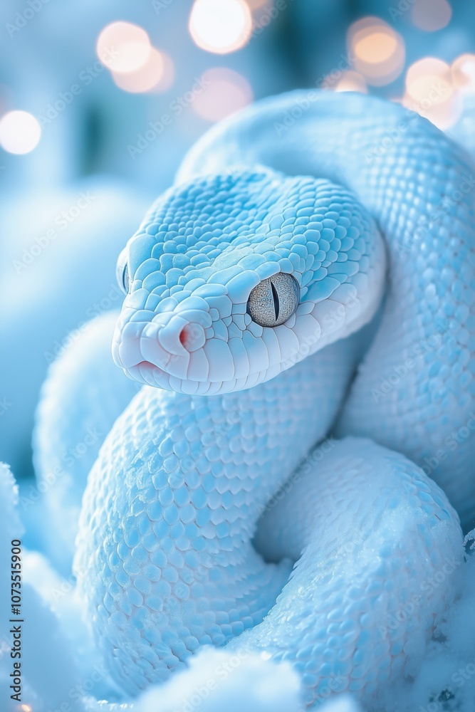 Fototapeta premium A close-up of a white and blue-toned snake curled up on snow with a serene expression, surrounded by soft bokeh lights.