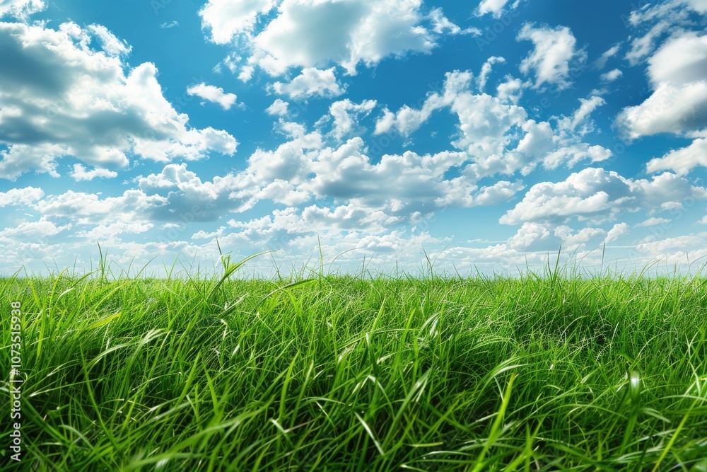 Lush Green Grass Field Against a Blue Sky with White Clouds Lush Green Grass Field Against a Blue Sky with White Clouds