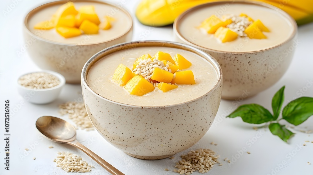 Delectable and Vibrant Thai Mango Sticky Rice Dessert with Creamy Coconut Milk and Garnished with Toasted Sesame Seeds A Refreshing and Authentic Southeast Asian Cuisine Delight Delectable and Vibrant Thai Mango Sticky Rice Dessert with Creamy Coconut Milk and Garnished with Toasted Sesame Seeds A Refreshing and Authentic Southeast Asian Cuisine Delight