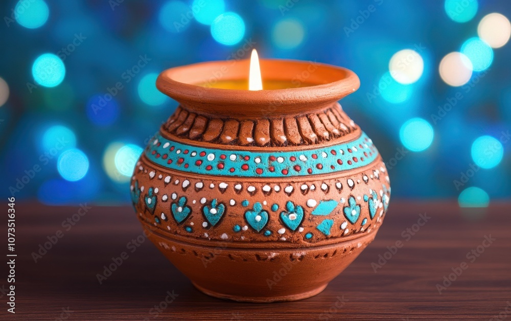 Close-up of a Diwali decoration with a glowing candle in an ornately designed clay pot, placed on a wooden table. 