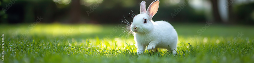 A rescue rabbit hops around a large outdoor enclosure, exploring new surroundings. A rescue rabbit hops around a large outdoor enclosure, exploring new surroundings.