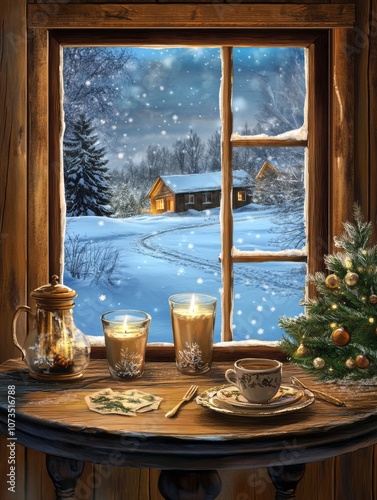 Cozy Cabin Window View with...