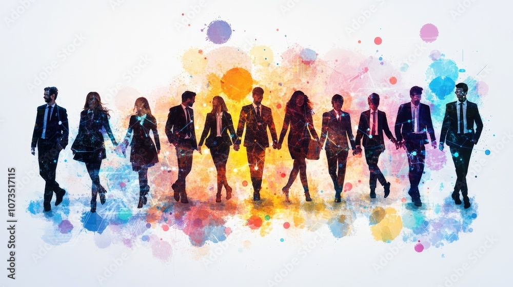Naklejka premium Vibrant Silhouettes of Team Members Holding Hands